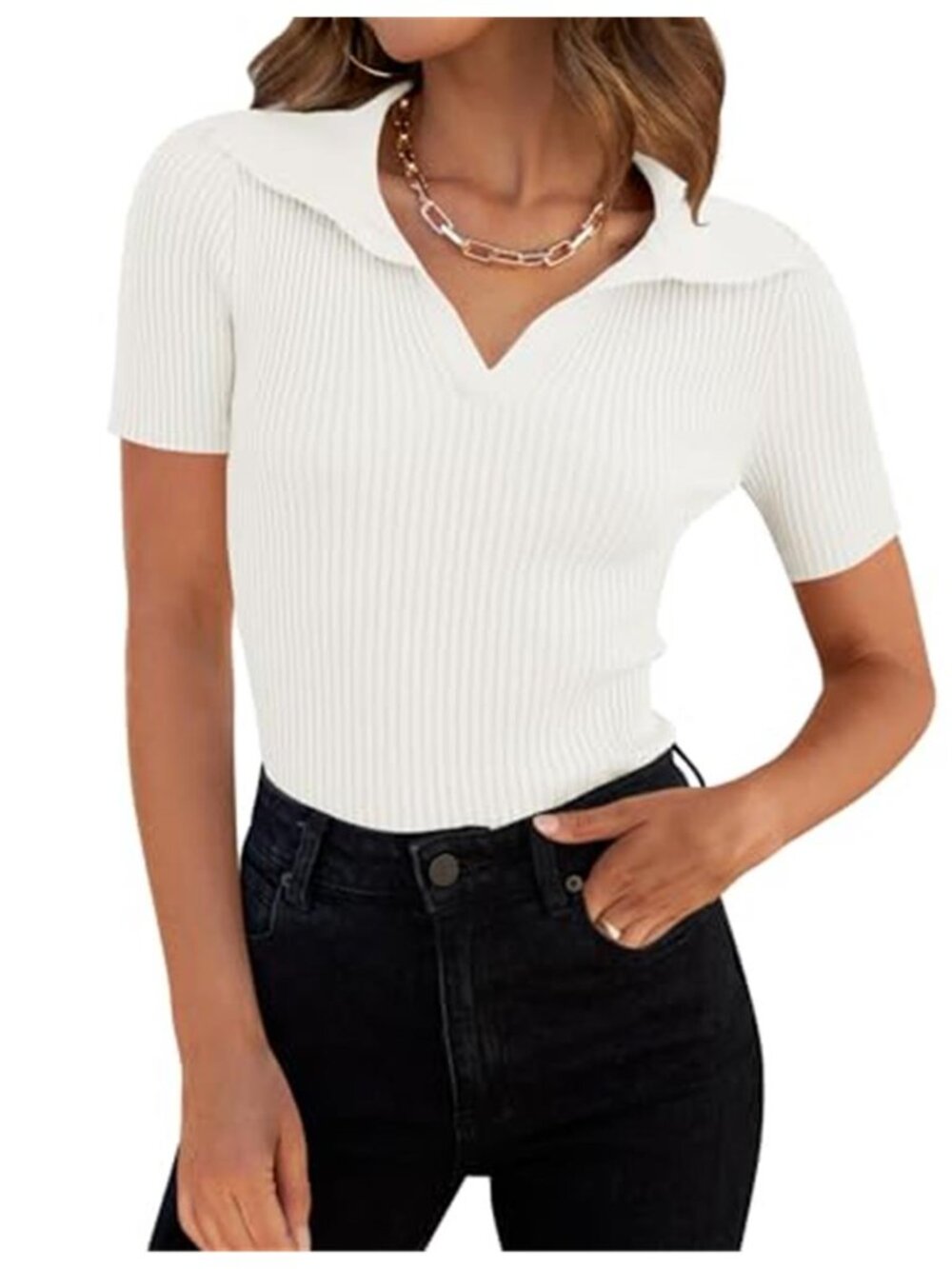 Womens Ribbed Knit Polo V Neck Slim Fit Short Sleeve Casual Top Office Work